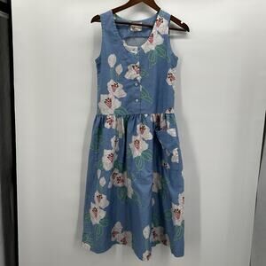 Vintage Sun Fashions Of Hawaii Dress Womens Small‎ Blue Floral Buttons Tropical